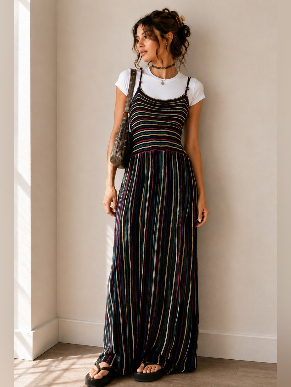 Y2K Boho Knit Maxi Dress Black Rainbow Striped Whimsigoth Festival Made Italy L